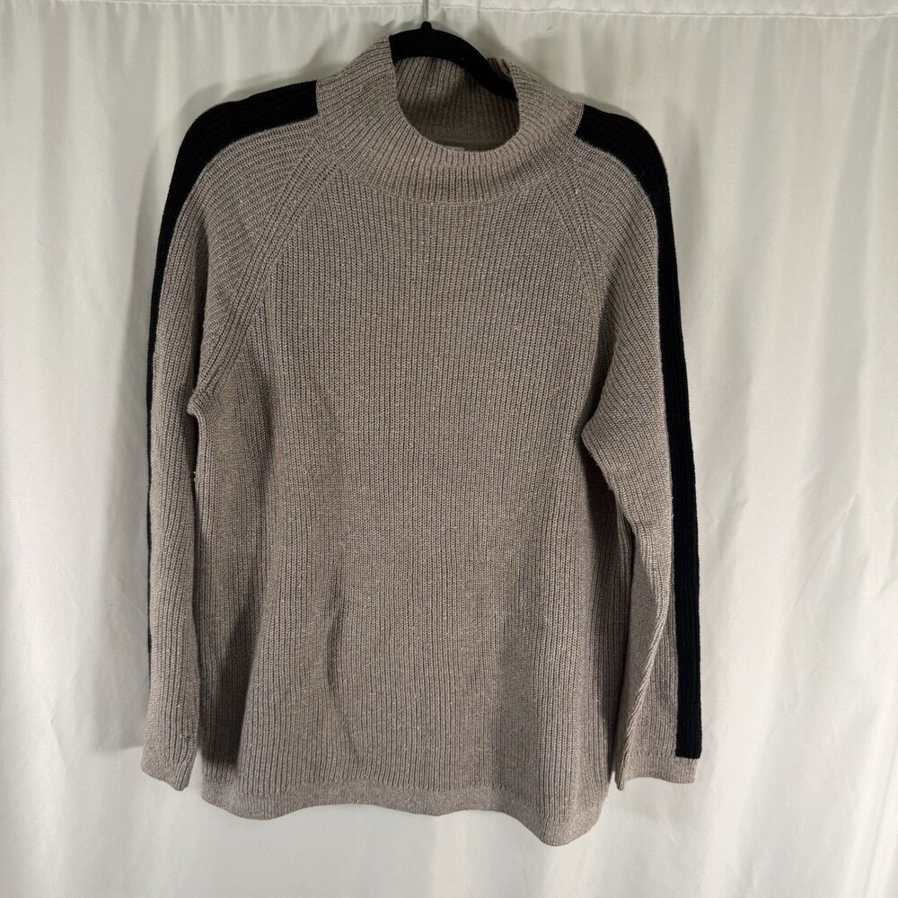 J Jill Sweater Women's Large Petite Tan Black Striped Knit Mockneck Long Sleeve
